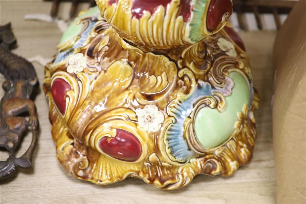 A large Victorian porcelain majolica jardiniere on pedestal stand